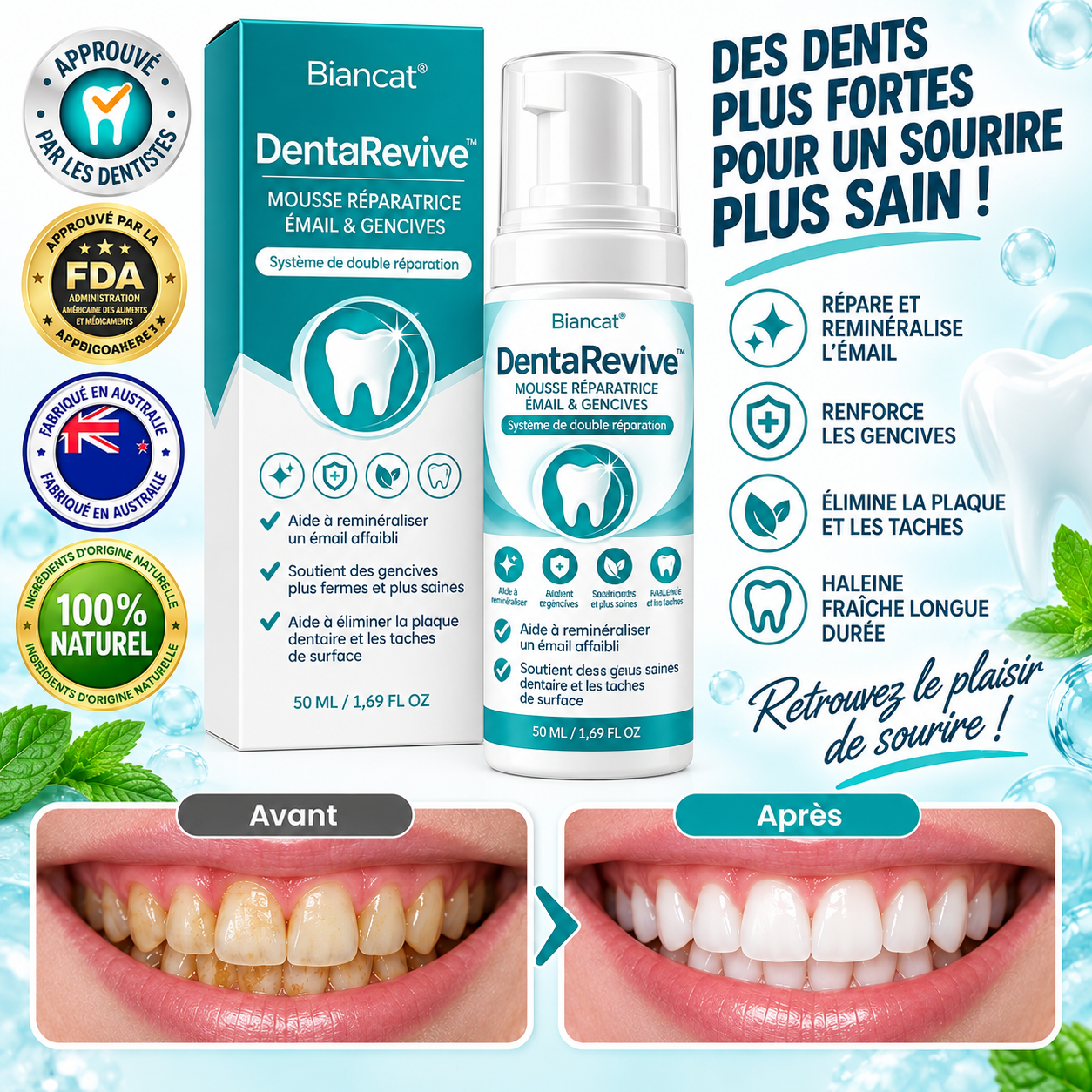 DentaRevive™ Mousse Réparatrice Émail & Gencives | Renforcez vos dents sensibles et apaisez vos gencives dès les premiers brossages !