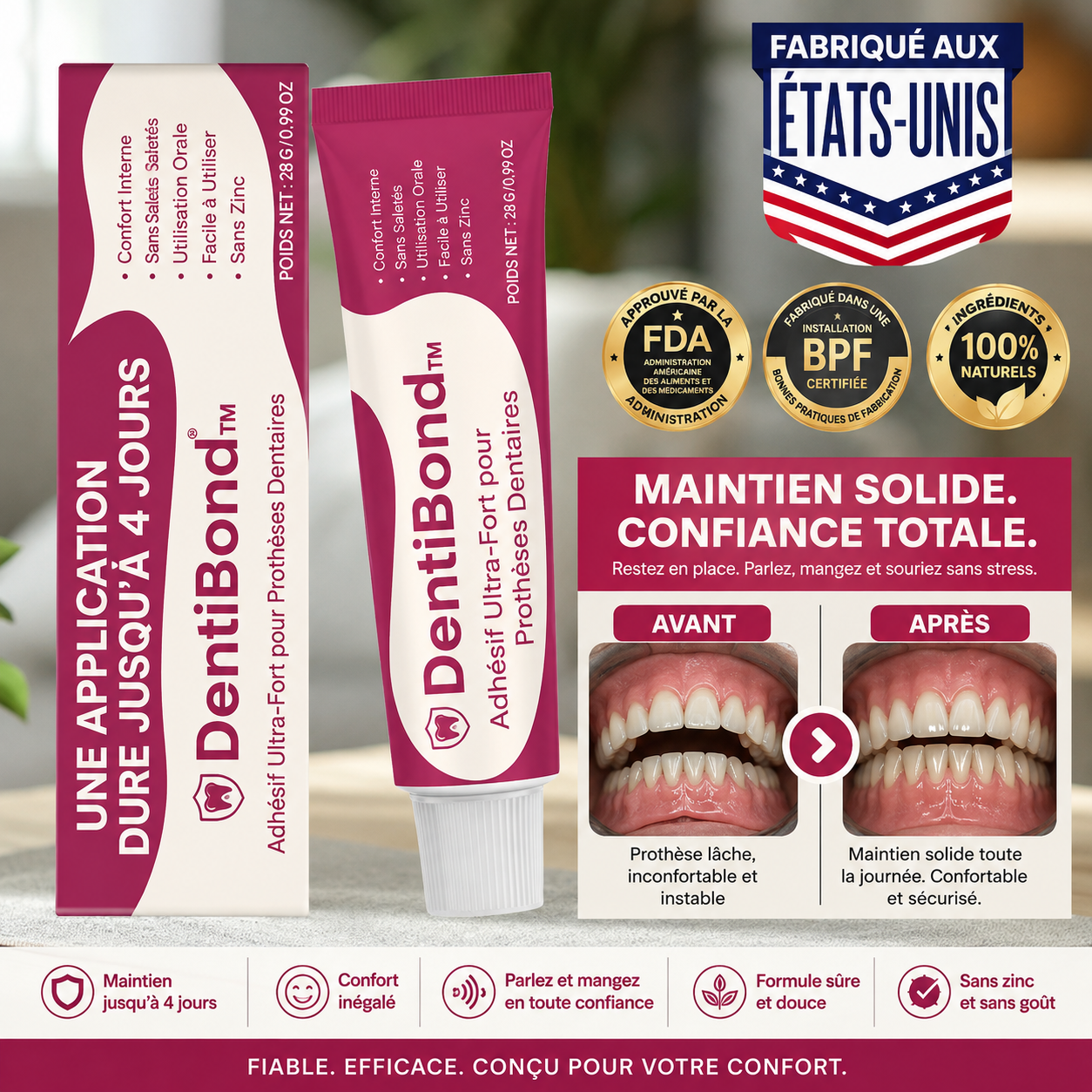 DentiBond™ Adhésif Dentier | Fixez votre prothèse sans glissement, sans résidu, sans colle qui déborde !