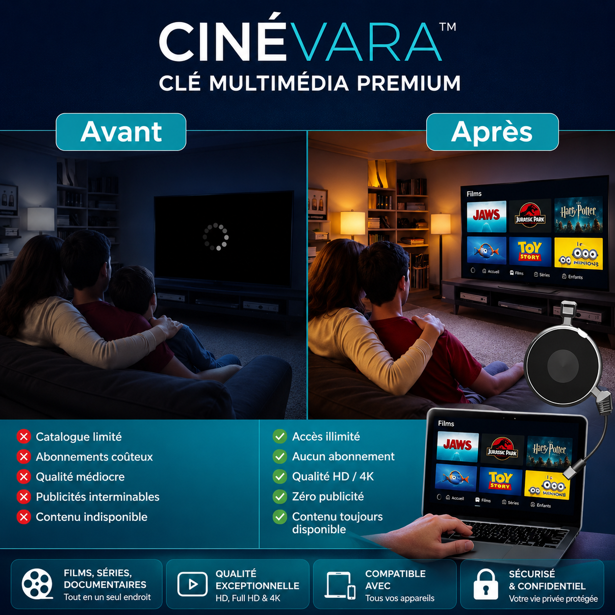 Cinévara™ Clé Multimédia Premium | Accédez instantanément à la TV, aux films et au sport en illimité !