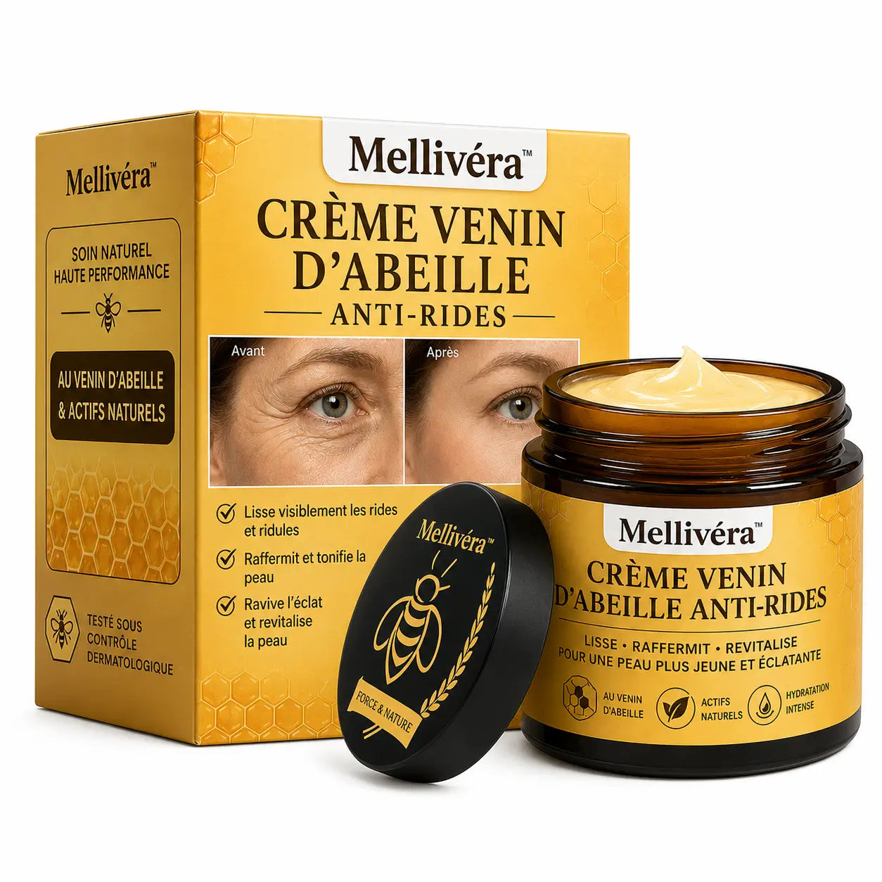 Mellivéra™ Crème Venin d’Abeille Anti-Rides | Lifte votre peau et efface les taches en 7 jours chrono!