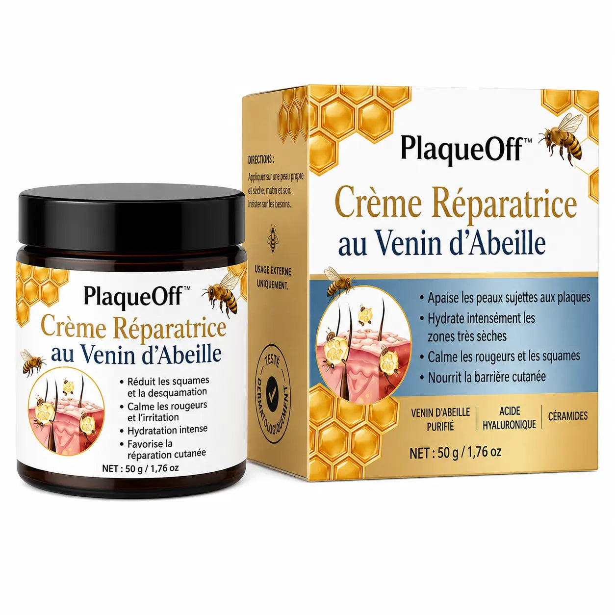 PlaqueOff™ Crème Réparatrice au Venin d’Abeille | Apaisez les plaques, rougeurs et démangeaisons en 60 secondes !