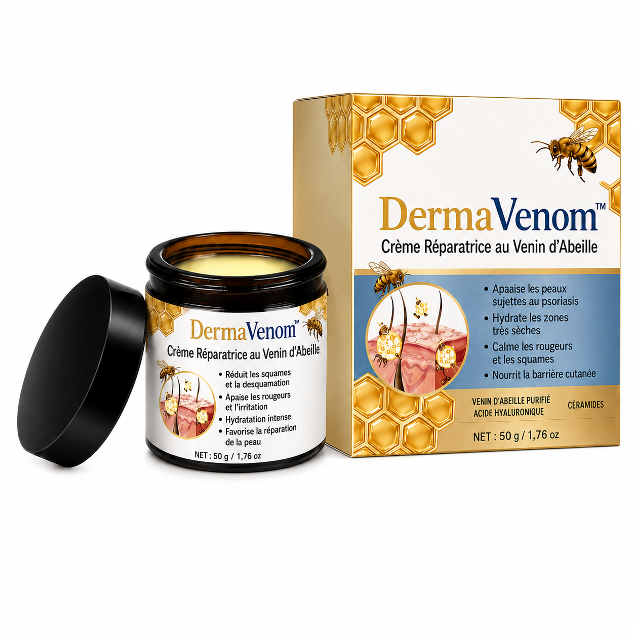 DermaVenom™ Crème Réparatrice au Venin d’Abeille | Stoppez démangeaisons, plaques et squames en 60 secondes !