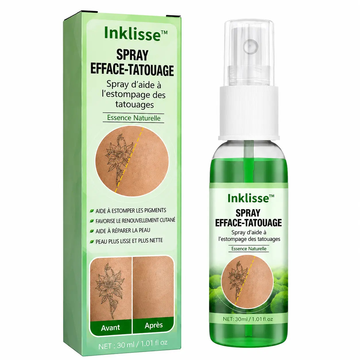 Inklisse™ Spray Efface-Tatouage | Estompez votre tatouage sans laser et retrouvez une peau plus nette jour après jour !
