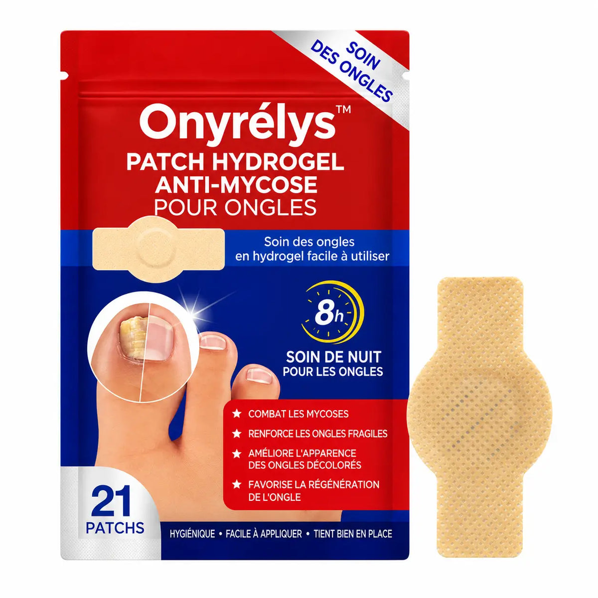 Onyrélys™ Patch Hydrogel Anti-Mycose pour Ongles | Effacez l’aspect jaune, épais et abîmé pendant votre sommeil !