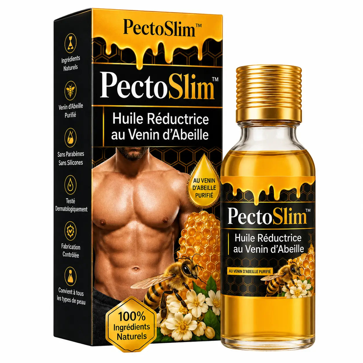 PectoSlim™ Huile Réductrice au Venin d’Abeille | Réduit la graisse des pectoraux en 2 minutes !