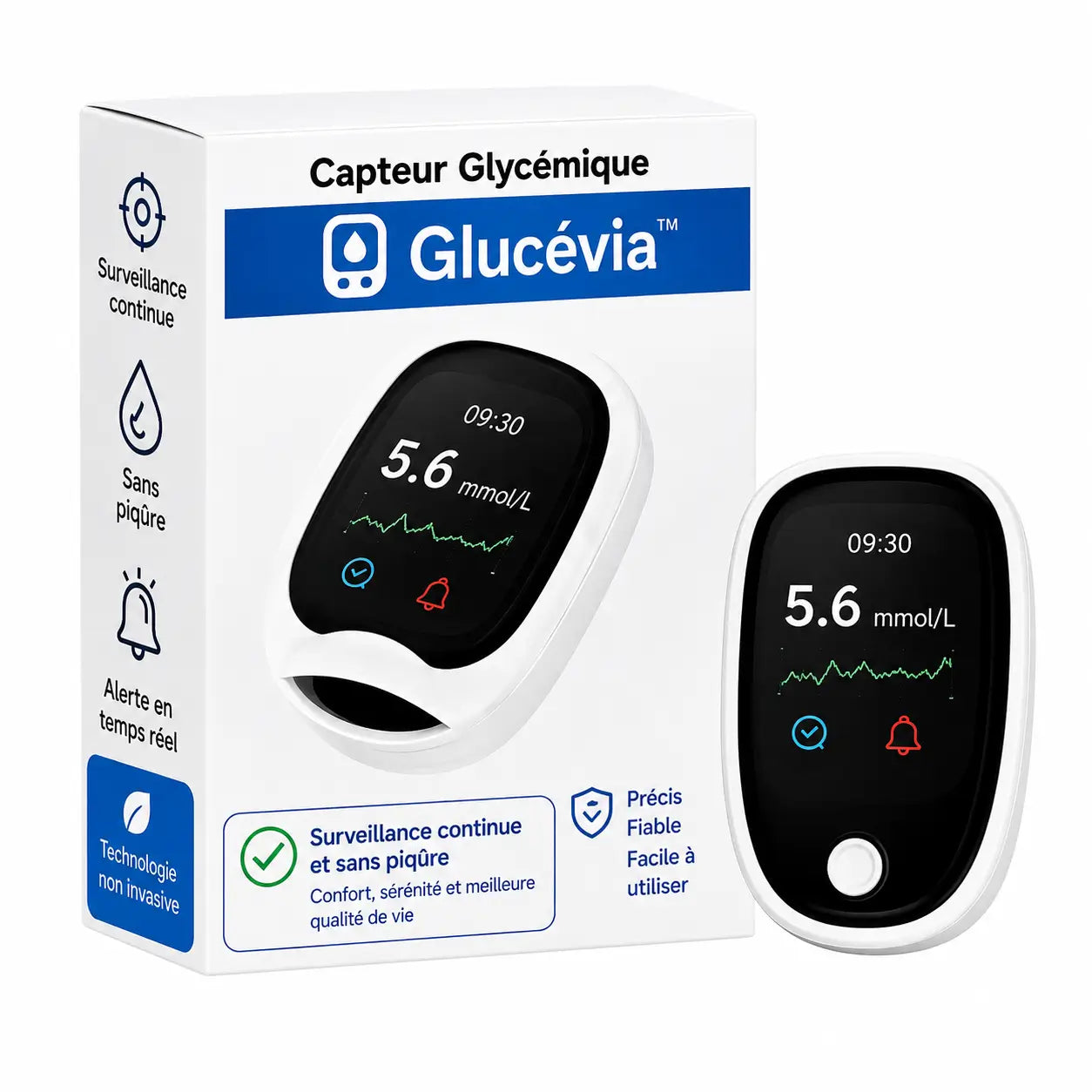 Glucévia™ Capteur Glycémique | Contrôlez votre glycémie en 5 secondes, sans piqûres, sans douleur !