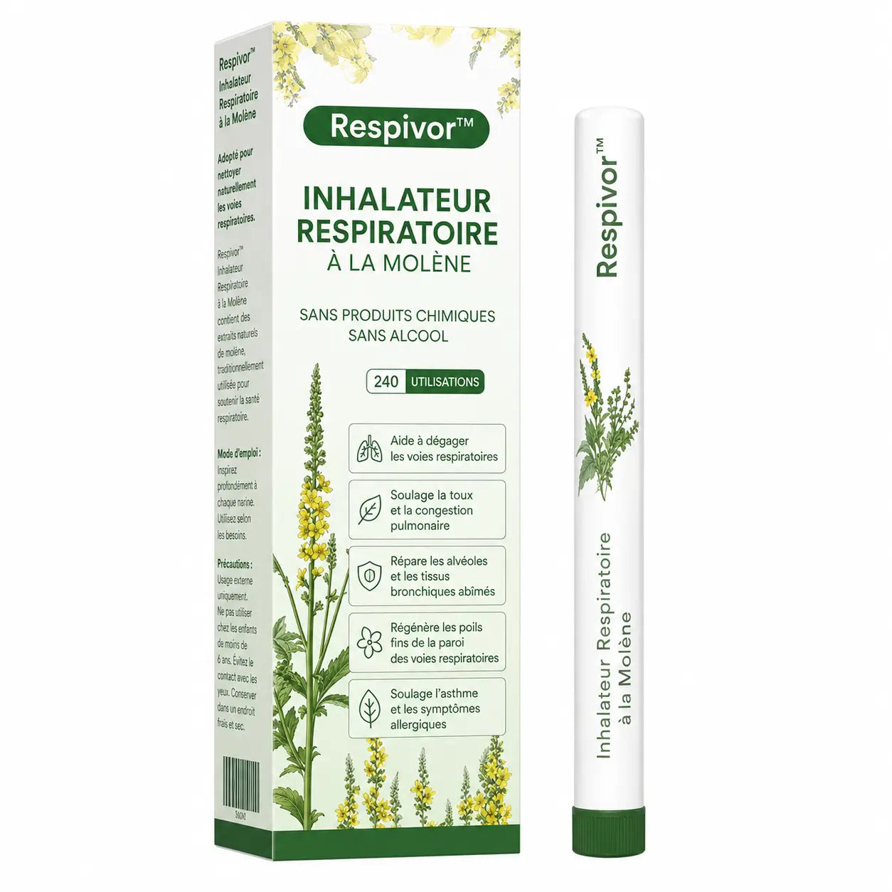 Respivor™ Inhalateur Respiratoire à la Molène | Respirez plus librement en 2 minutes chrono !