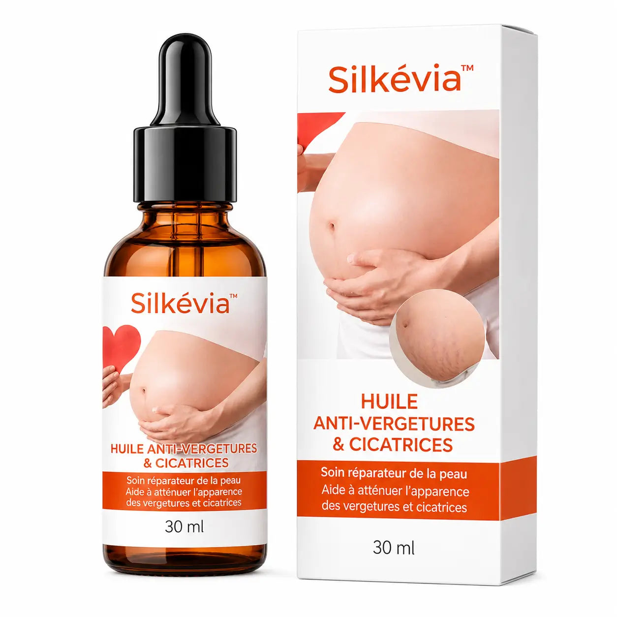 Silkévia™ Huile Anti-Vergetures & Cicatrices | Effacez vos marques et retrouvez une peau plus lisse dès les premières applications !