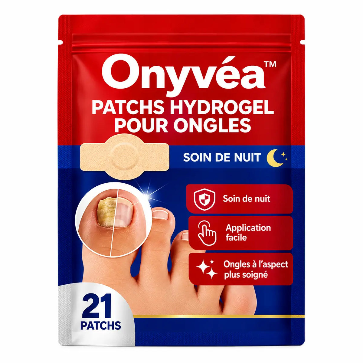 Onyvéa™ Patch Hydrogel Anti-Mycose pour Ongles | Effacez l’aspect jaune, épais et abîmé pendant votre sommeil !