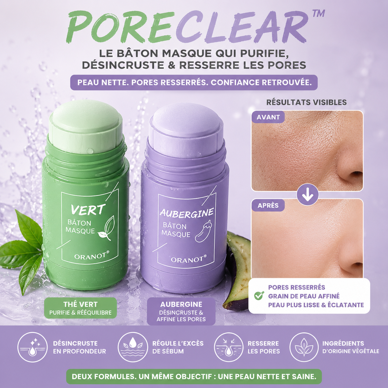 PoreClear™ Masque Stick Thé Vert & Aubergine | Éliminez les points noirs, resserrez vos pores et retrouvez une peau nette en 5 minutes !
