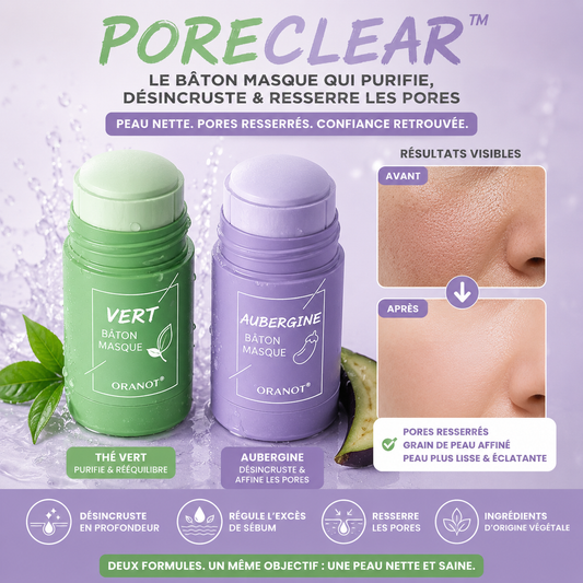 PoreClear™ Masque Stick Thé Vert & Aubergine | Éliminez les points noirs, resserrez vos pores et retrouvez une peau nette en 5 minutes !
