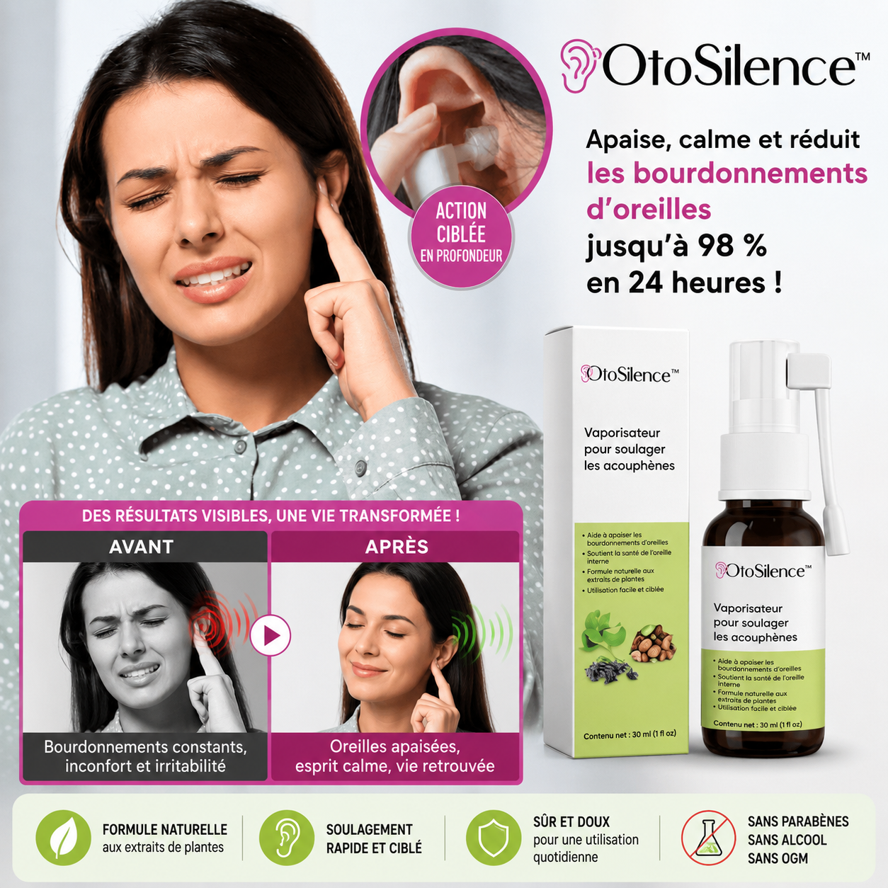 OtoSilence™ Vaporisateur contre les acouphènes | Apaise, calme et réduit les bourdonnements d’oreilles jusqu’à 98 % en 24 heures !