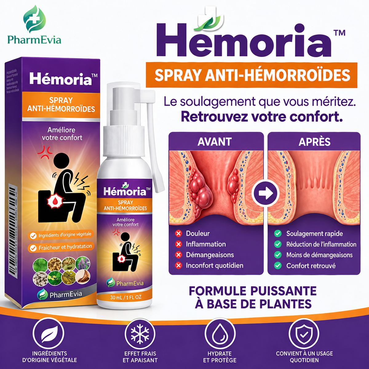 Hémoria™ Spray Anti-Hémorroïdes | Éliminez les hémorroïdes dès la première application, sans pommade ni ordonnance !