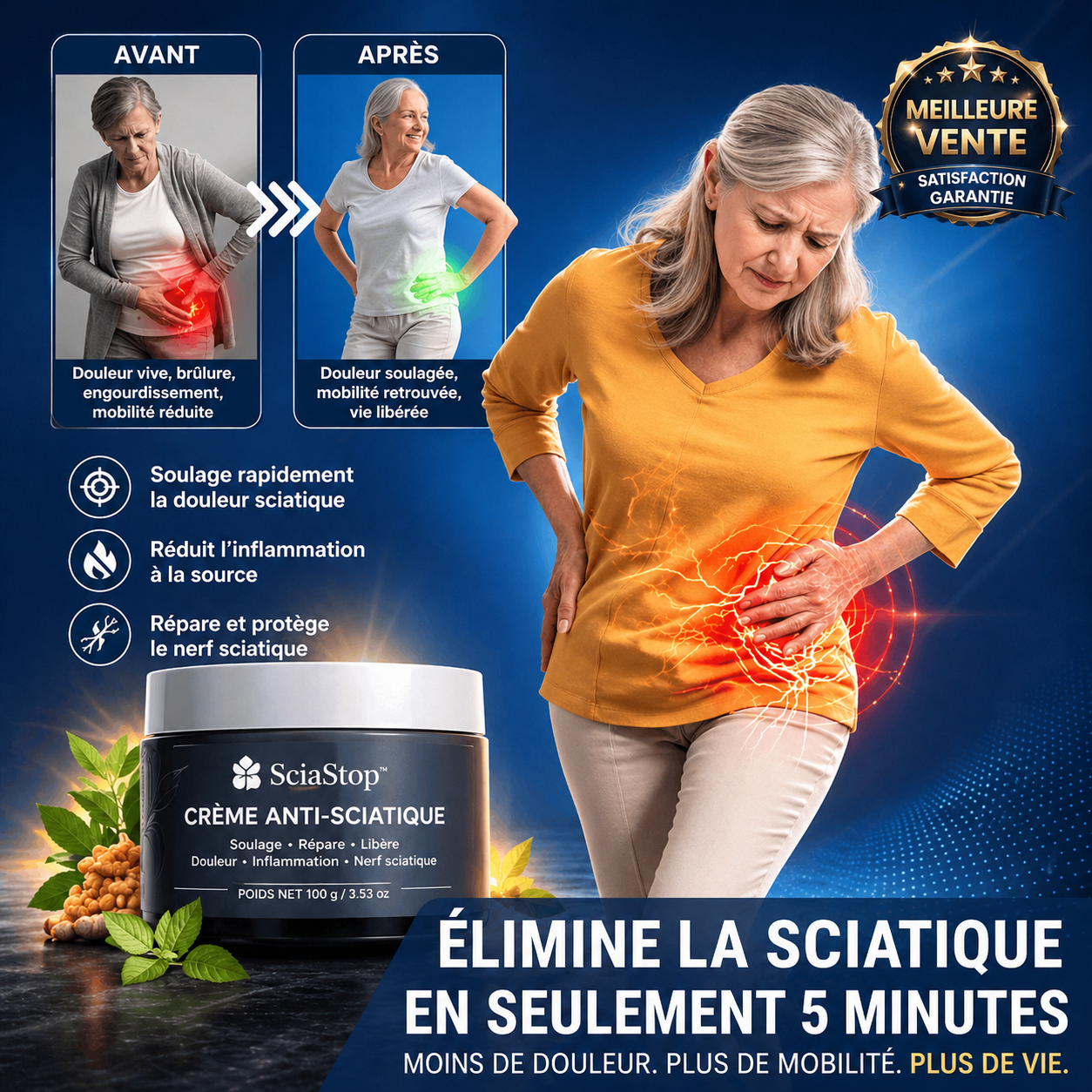 SciaStop™ Crème Anti-Sciatique | Éradiquez vos douleurs à la hanche et au dos en 5 minutes chrono !