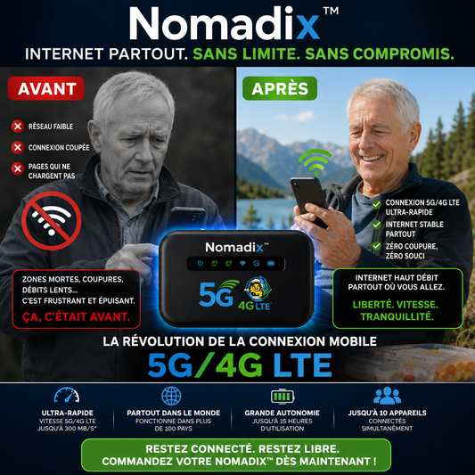 Nomadix™ Routeur WiFi Mondial | Internet 4G/5G dans 196 pays en 5 secondes chrono, sans surcoût !