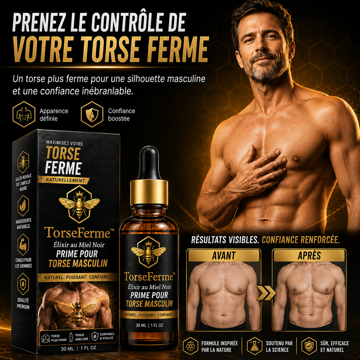 TorseFerme™ Huile Raffermissante au Venin d’Abeille Noire | Redessinez votre torse en 2 minutes par jour !