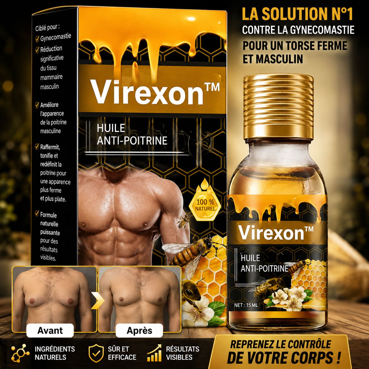 Virexon™ Huile Anti-Poitrine | Réduit la Poitrine chez les Hommes en 7 Jours, Sans Chirurgie!