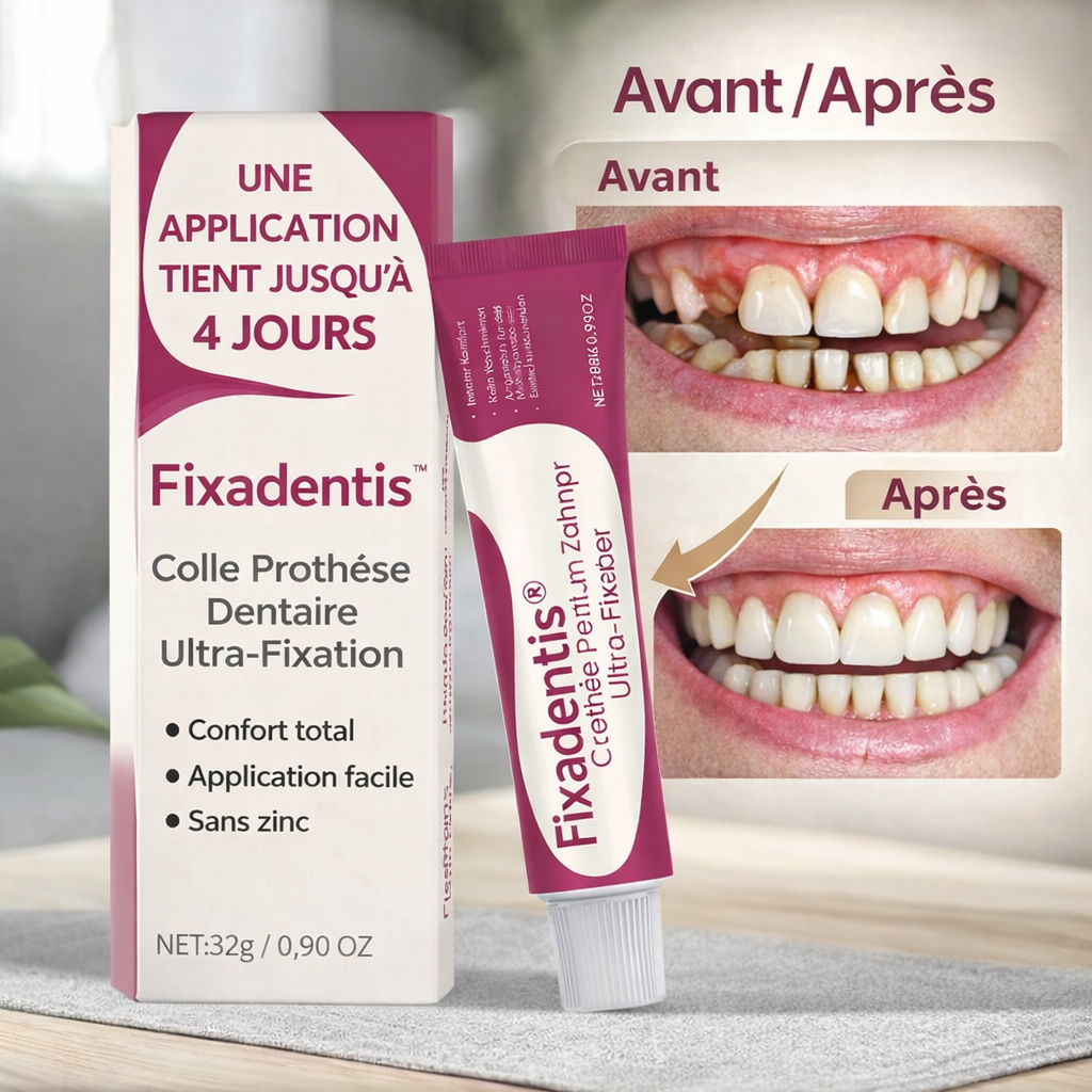 Fixadentis™ Colle Prothèse Dentaire Ultra-Fixation | Maintien 24h sans bouger, mangez et parlez en toute confiance !