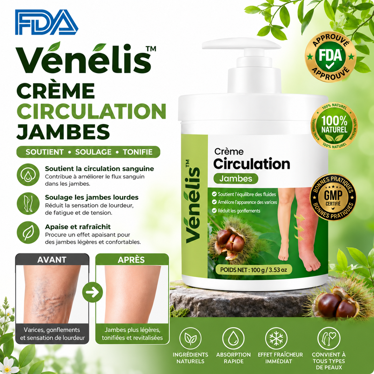 Vénélis™ Crème Circulation Jambes | Dégonflez jambes lourdes, varices et chevilles en 48h !