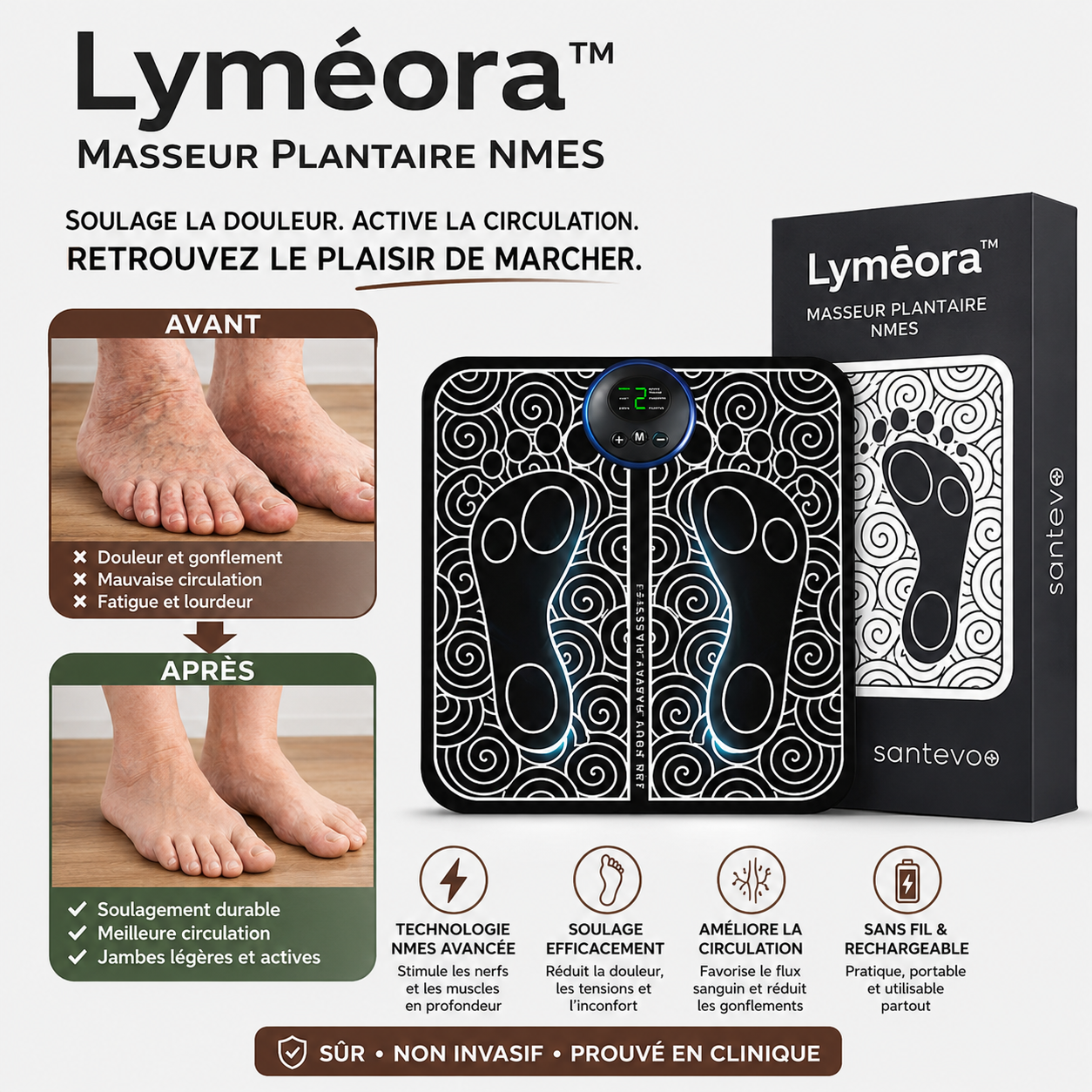Lyméora™ Masseur Plantaire NMES | Éliminez les gonflements et retrouvez des jambes légères en seulement 15 minutes !