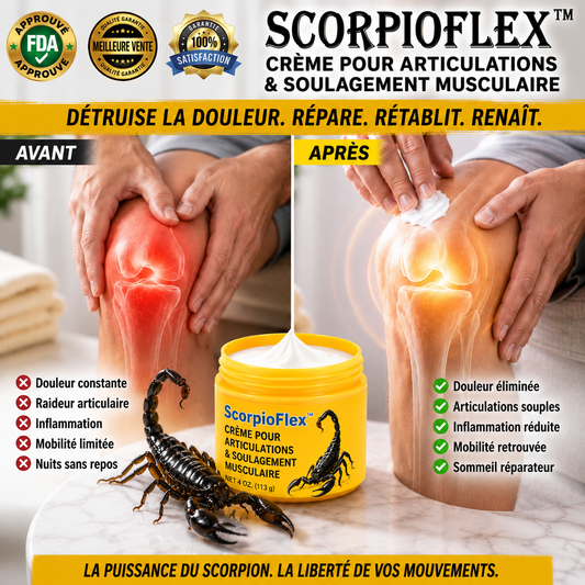 ScorpioFlex™ Pommade Articulaire au Venin de Scorpion | Supprimez douleurs, raideurs et tensions en 3 minutes, sans pilules ni injections !