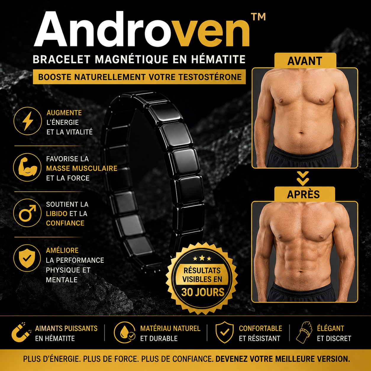Androven™ Bracelet Magnétique en Hématite | Boost ton taux de testostérone de +92 % en 7 jours seulement!