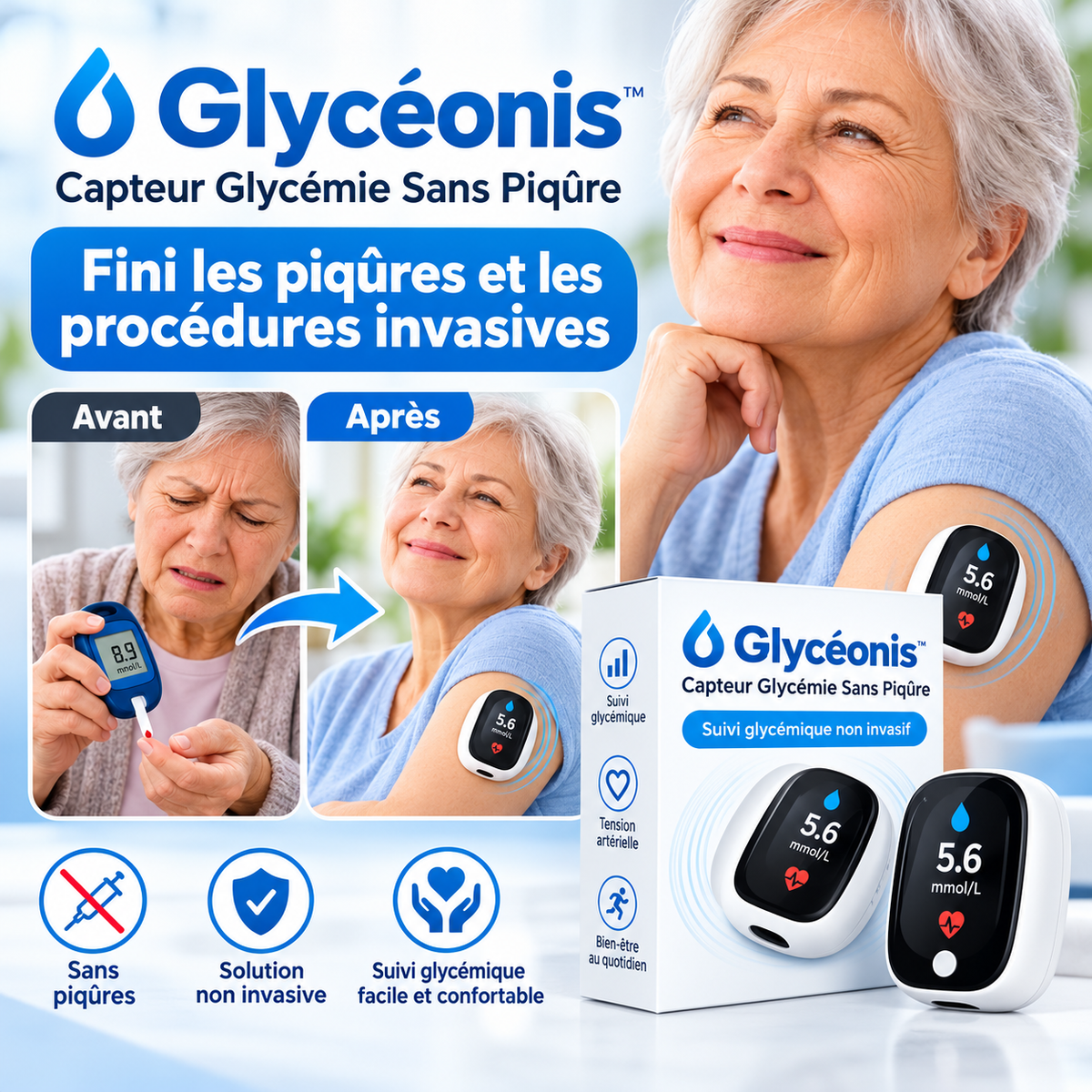 Glycéonis™ Capteur Glycémie Sans Piqûre | Vérifiez votre sucre en 5 secondes, sans sang ni douleur !