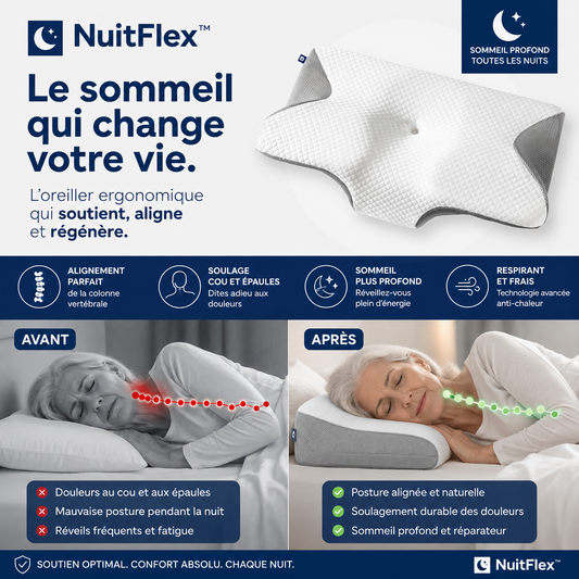 NuitFlex™ Oreiller Cervical Ergonomique | Réveillez-vous sans douleur et dormez profondément dès la première nuit !