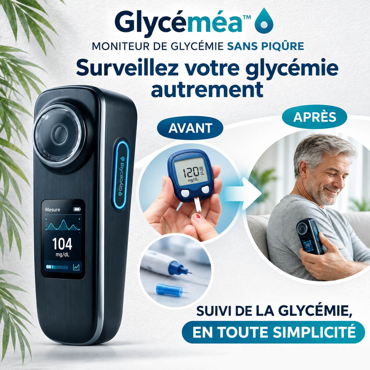 Glycéméa™ Moniteur de Glycémie Sans Piqûre | Surveillez votre glycémie sans douleur !
