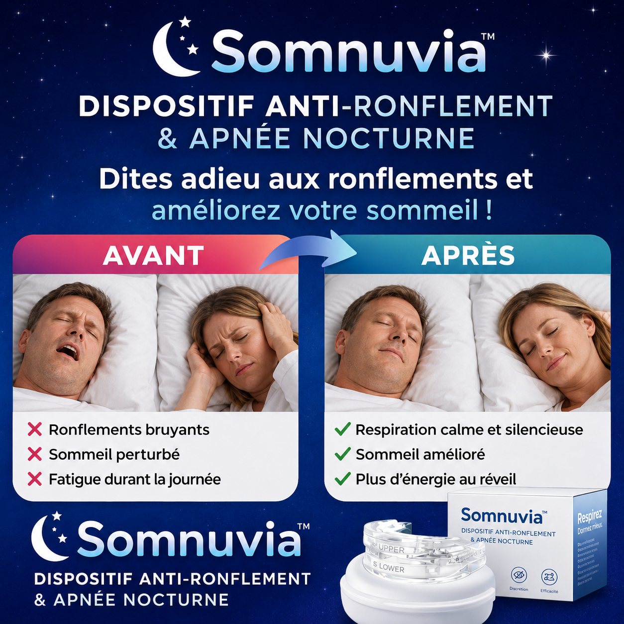 Somnuvia™ Dispositif Anti-Ronflement & Apnée Nocturne | Respirez librement et dormez profondément dès la première nuit !