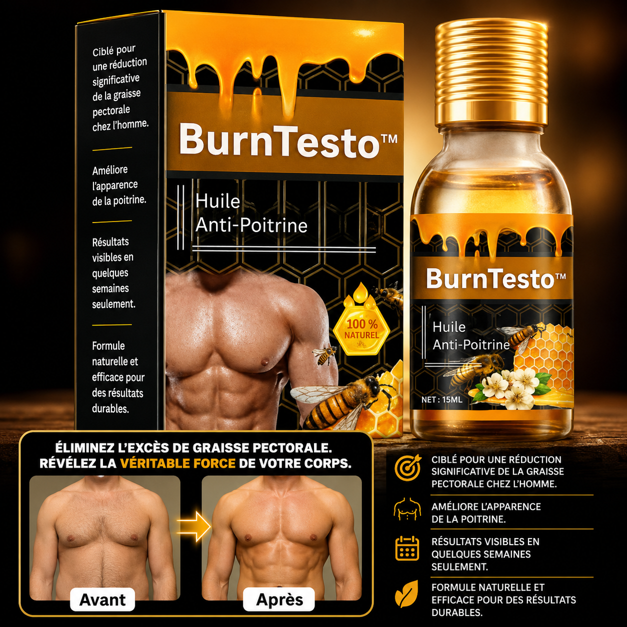 BurnTesto™ Huile Anti-Poitrine | Réduit la Poitrine chez les Hommes en 7 Jours, Sans Chirurgie