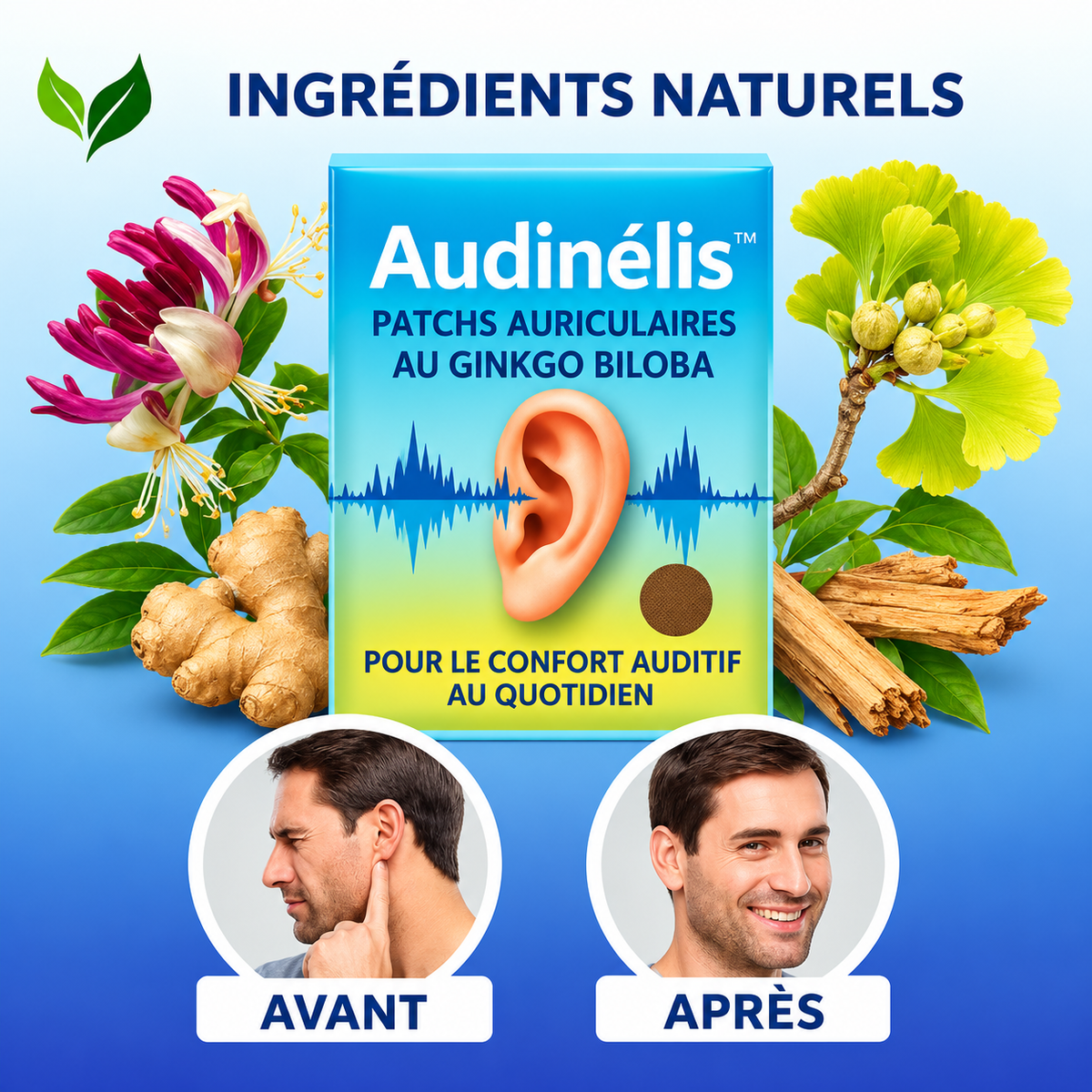 Audinélis™ Patchs Auriculaires au Ginkgo Biloba | Élimine les acouphènes en 7 heures – sans médicament ni appareil auditif!