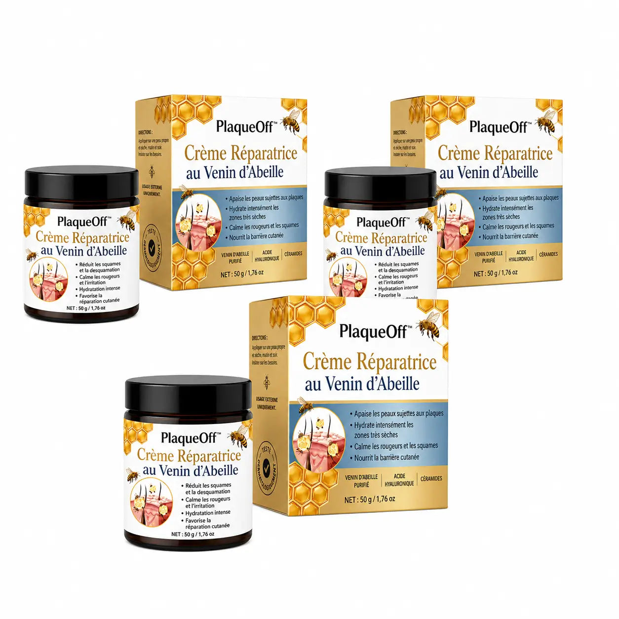 PlaqueOff™ Crème Réparatrice au Venin d’Abeille | Apaisez les plaques, rougeurs et démangeaisons en 60 secondes !