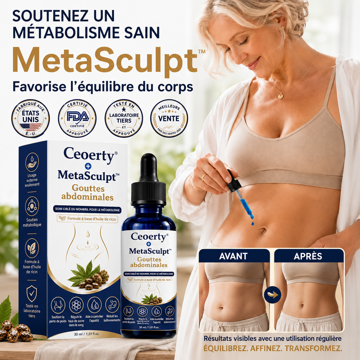 MetaSculpt™ Gouttes Brûle-Taille | Ciblez la graisse abdominale et raffermissez votre silhouette naturellement !