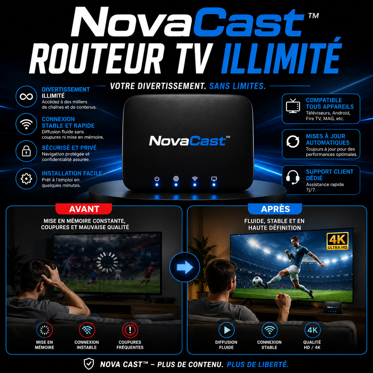 NovaCast™ Routeur TV Illimité | Supprimez vos factures télé et profitez de 10 000 chaînes gratuites en 60 secondes !