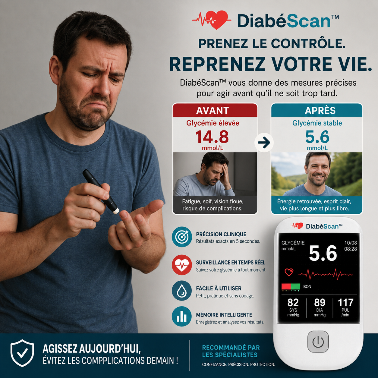 DiabéScan™ Lecteur Glycémie Sans Piqûre | Obtenez une mesure glycémique fiable en 5 secondes sans piqûre !
