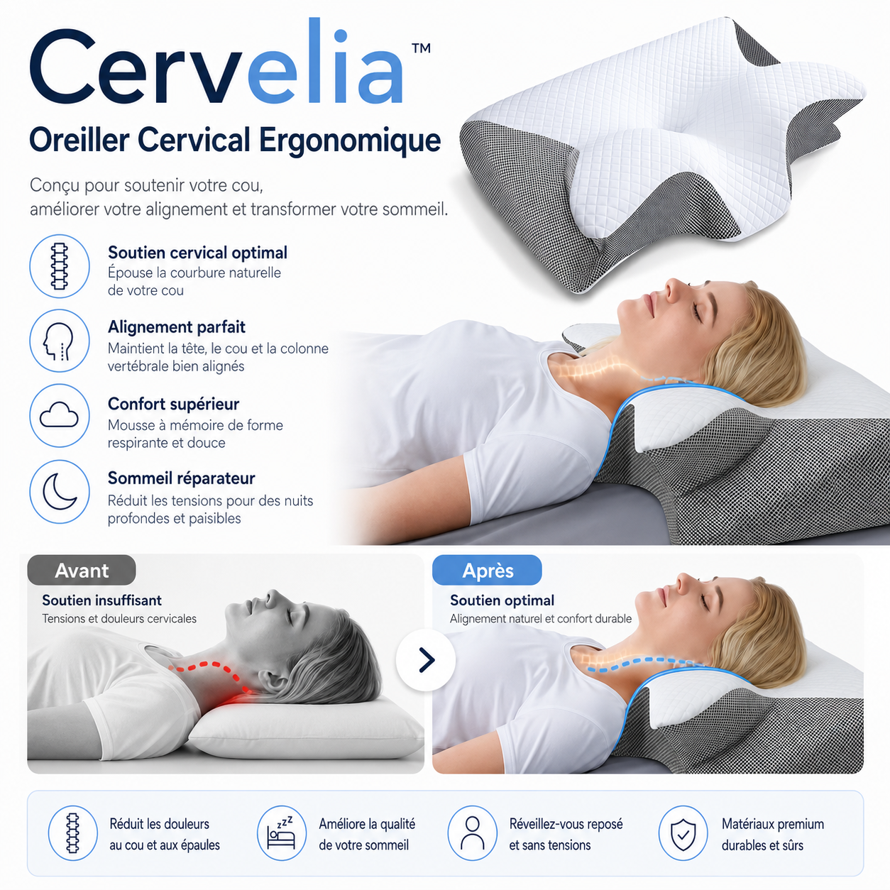Cervelia™ Oreiller Cervical Ergonomique | Élimine les douleurs cervicales dès la première nuit!