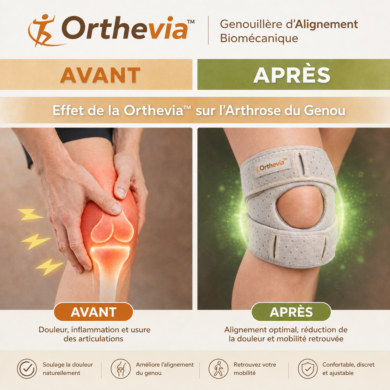 Orthevia™ Genouillère d’Alignement Biomécanique | Soulage l’arthrose et supprime la douleur dès les premiers pas !