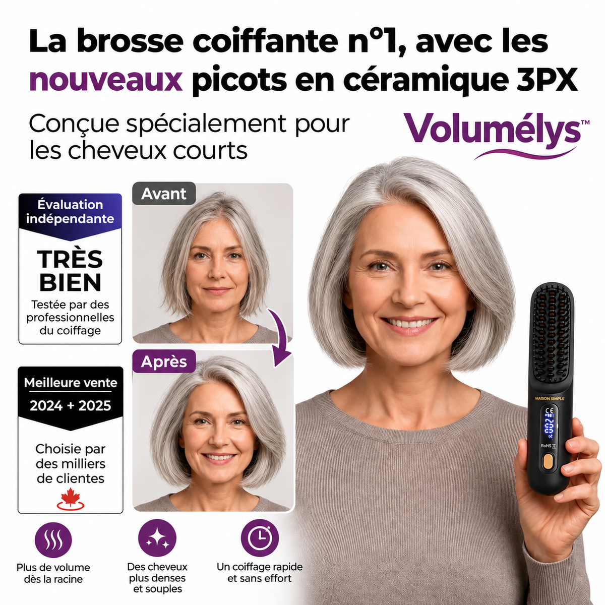Volumélys™ Brosse Coiffante Cheveux Courts | Obtenez un brushing volumineux en 2 minutes, sans coiffeur !