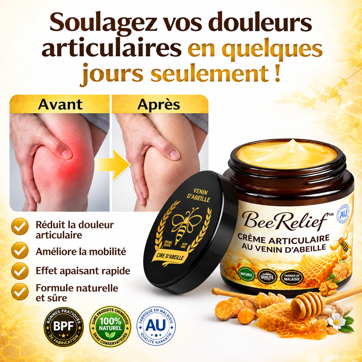 Apiflexis™ Crème Articulaire au Venin d’Abeille | Soulage les douleurs et libère vos articulations en 10 minutes !