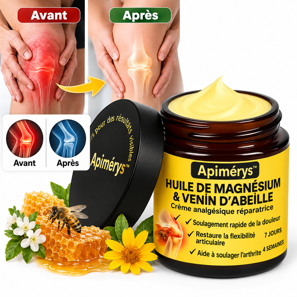 Apimérys™ Crème Anti-douleur au Magnésium et au Venin d'Abeille | Supprime vos douleurs articulaires en un instant!