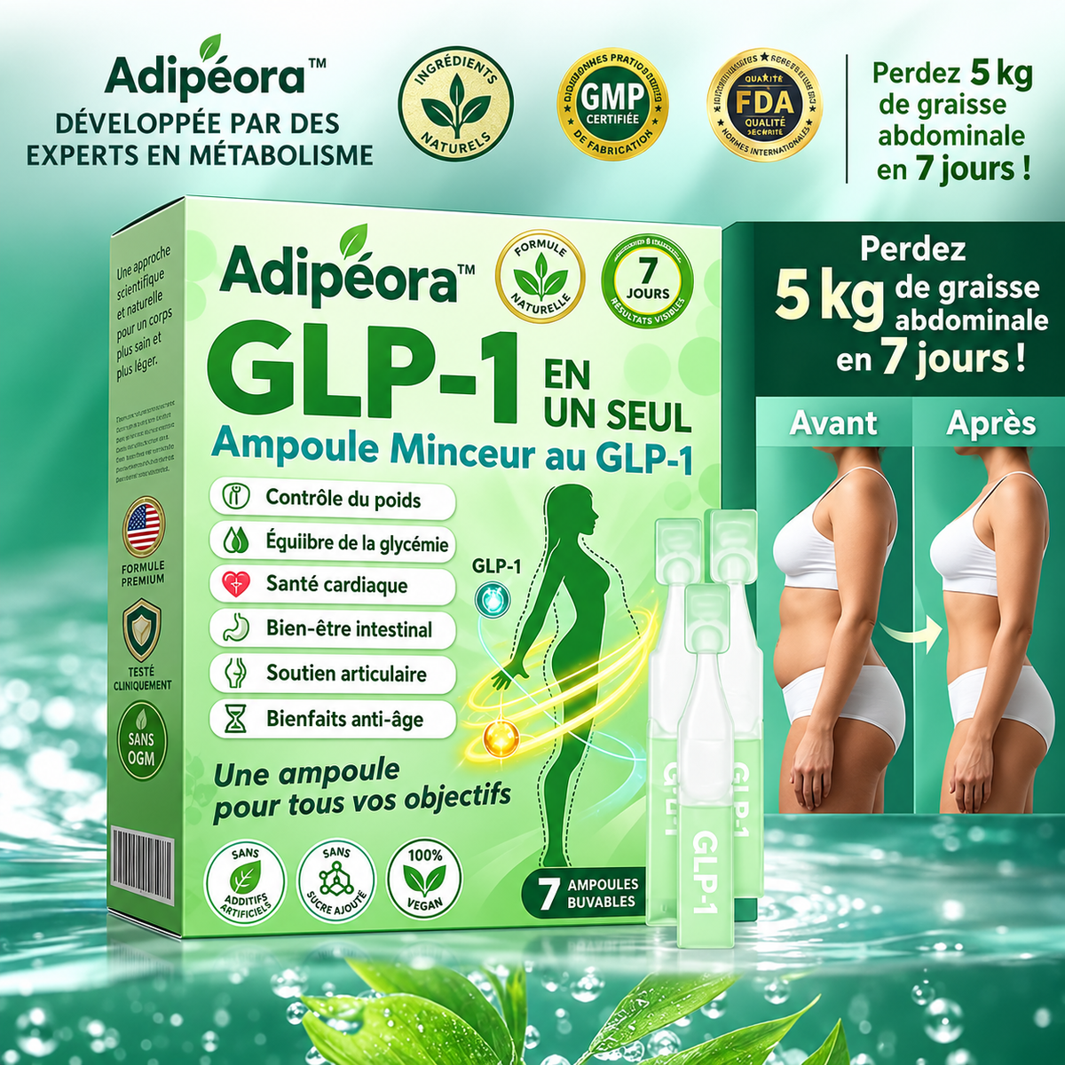 Adipéora™ Ampoule Minceur au GLP‑1 | Perdez 5 kg de graisse abdominale en 7 jours!
