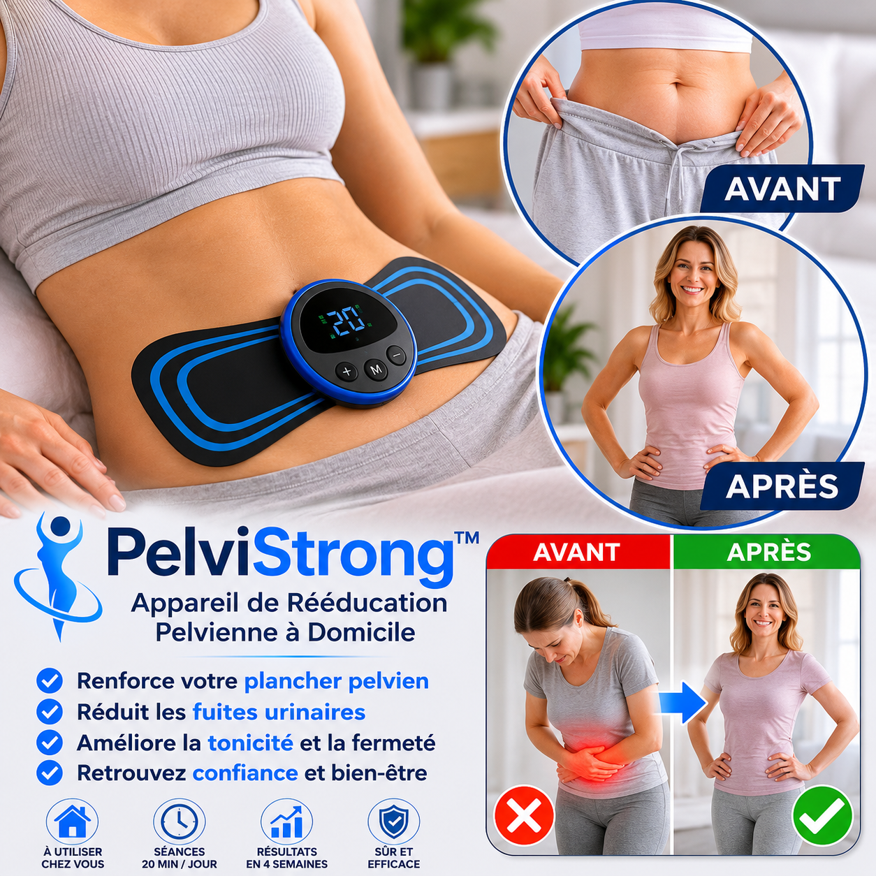 PelviStrong™ Appareil de Rééducation Pelvienne à Domicile | Stoppez les fuites urinaires en 15 minutes par jour !