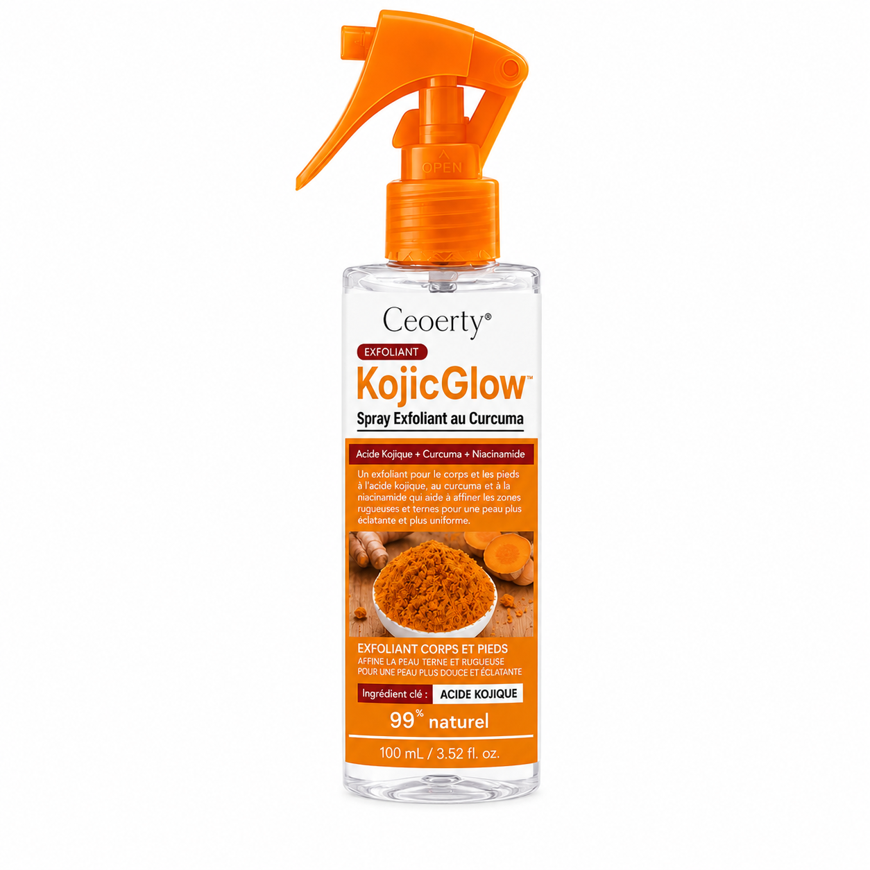KojicGlow™ Spray Éclaircissant Curcuma & Acide Kojique | Éclaircissez les zones sombres et révélez une peau plus lisse en 7 jours !