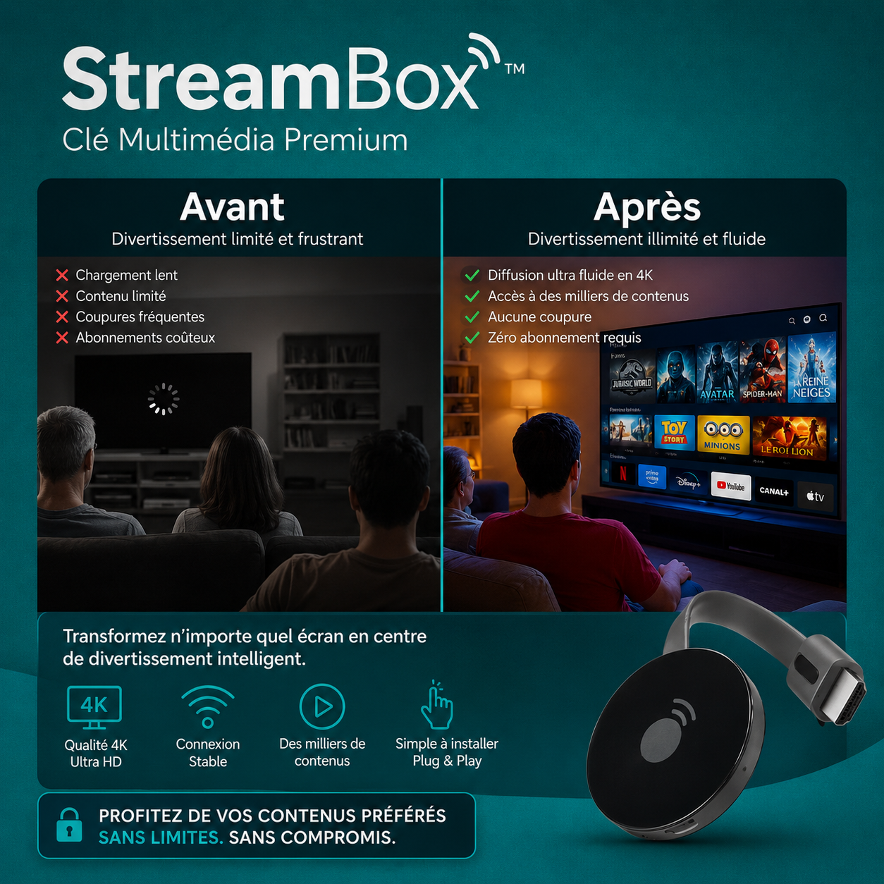 StreamBox™ Clé Multimédia Premium | Accédez instantanément à la TV, aux films et au sport en illimité !