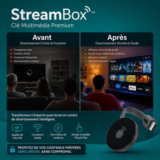 StreamBox™ Clé Multimédia Premium | Accédez instantanément à la TV, aux films et au sport en illimité !