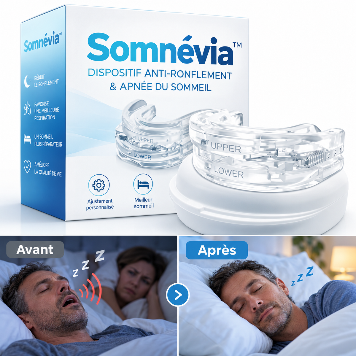 Somnévia™ Dispositif Anti-Ronflement & Apnée Nocturne | Respirez librement et dormez profondément dès la première nuit !