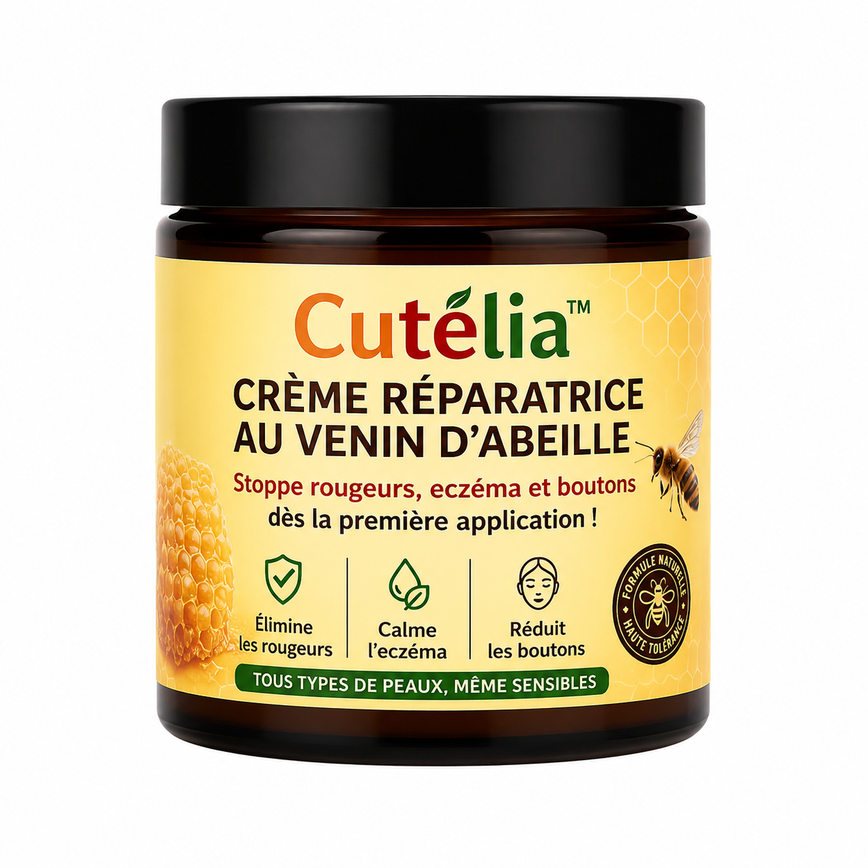 Cutélia™ Crème Réparatrice au Venin d’Abeille | Stoppe rougeurs, eczéma et boutons dès la première application !