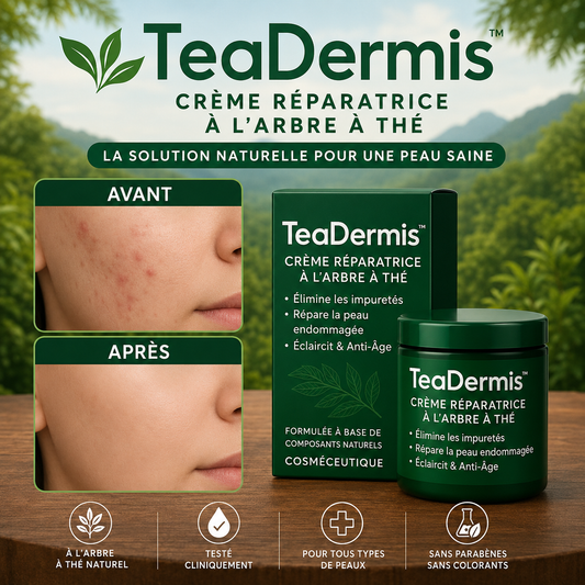 TeaDermis™ Crème Réparatrice à l’Arbre à Thé | Éradique boutons, taches et rides en 7 jours – même sur peaux abîmées!