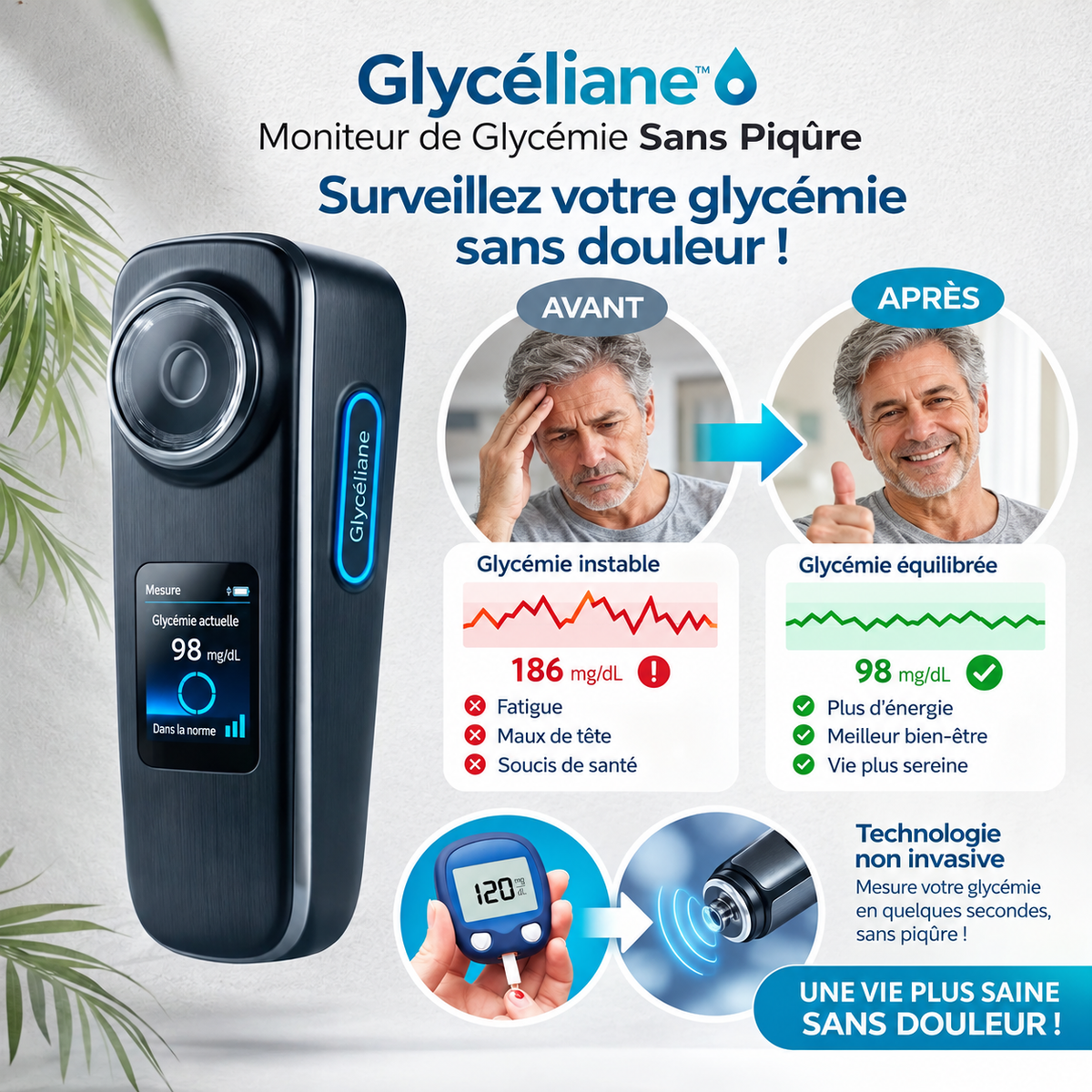 Glycéliane™ Moniteur de Glycémie Sans Piqûre | Surveillez votre glycémie sans douleur !